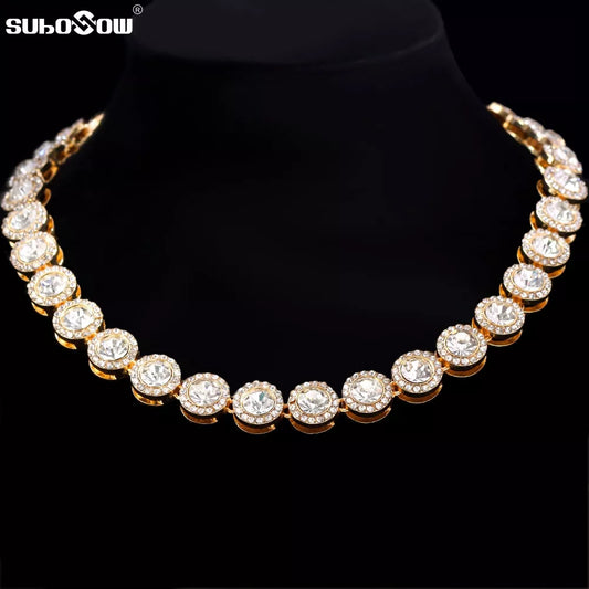 13mm Women Geometric Round Crystal Cuban Link Chain Necklace Hip Hop Iced Out Clustered Tennis Chain Choker Necklaces Jewelry